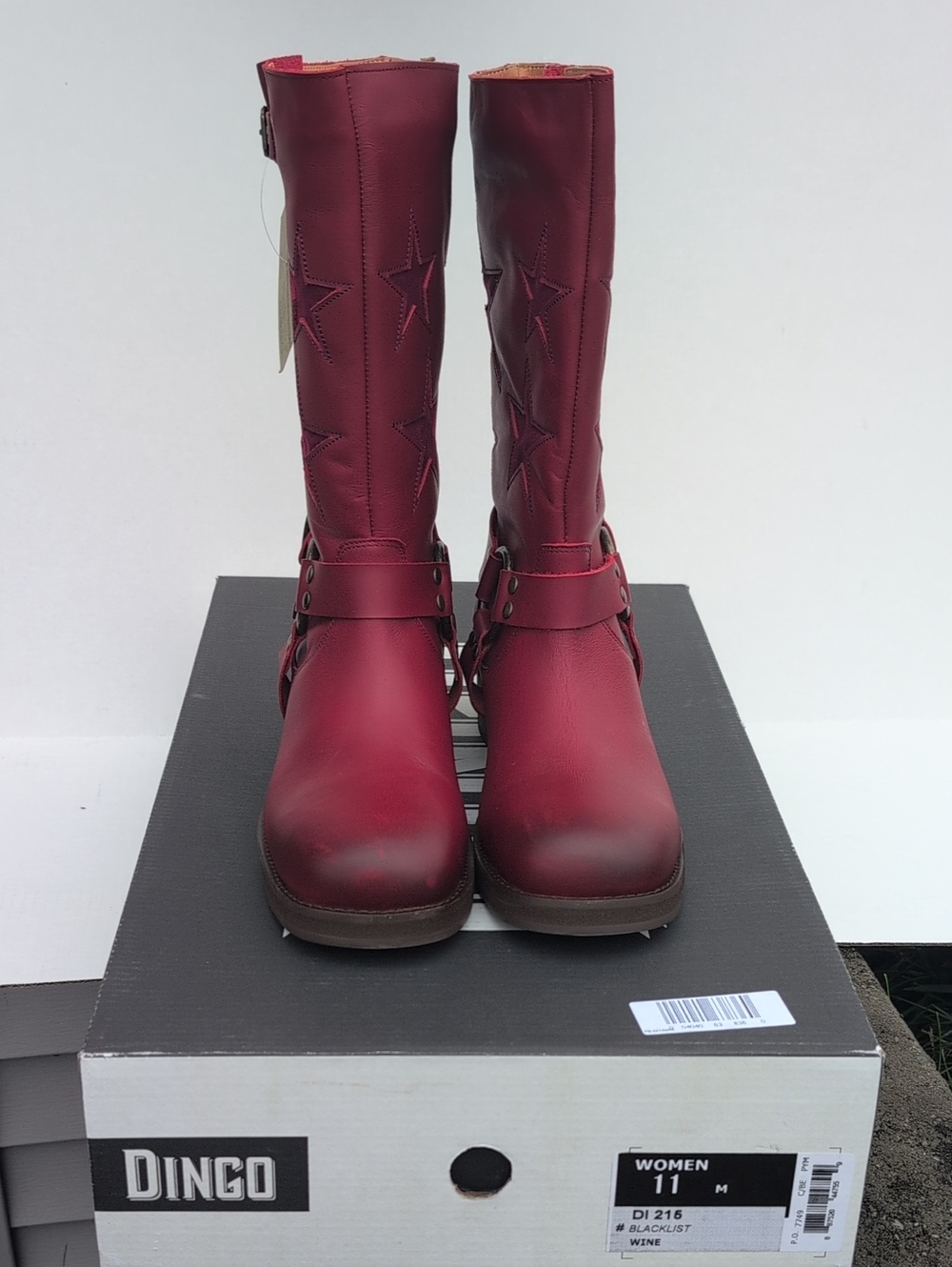 Dingo Wine Red Star-Embossed Mid-Calf Harness Boots